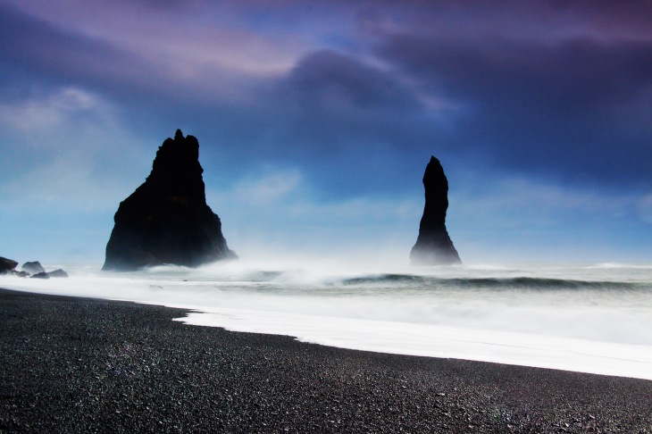 Reynisfjar, black sandy beach in the village of Vik, Iceland 